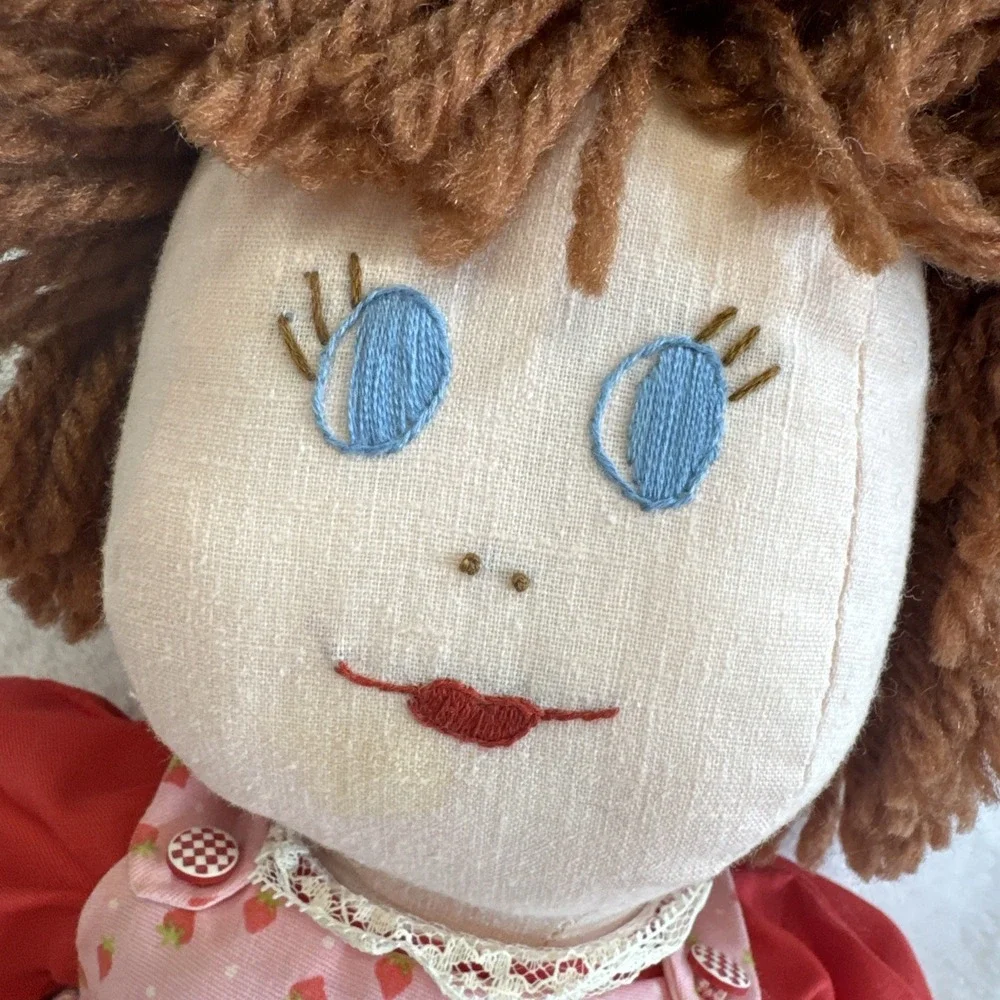 Vintage Rag‎ Doll Strawberry Dress Yarn Hair Handmade Stuffed Toy Plush Doll